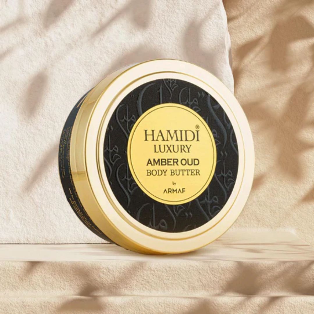 Hamidi Luxury Amber Oud Body Butter in 250ml jar, showcasing smooth, rich-textured body moisturizer with amber and oud scent.