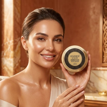 Hamidi Luxury Amber Oud Body Scrub in 250ml jar, featuring a rich amber and oud scent with textured creamy consistency.