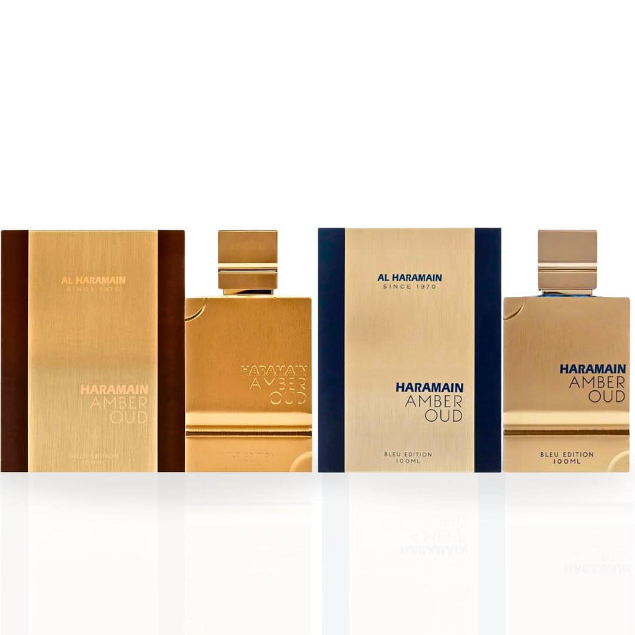 Al Haramain Amber Oud Gold and Bleu Edition Eau de Parfum sprays, 100ml bundle, featuring luxurious amber and oud fragrance bottles.