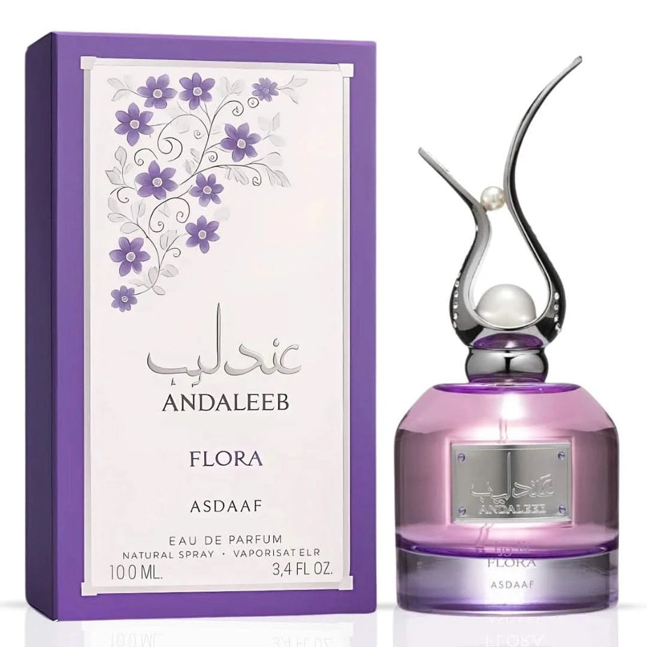 Andaleeb Flora Eau de Parfum spray by Asdaaf, 100ml bottle with floral design, showcasing the elegant perfume packaging.