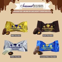 Arabian Delights Chocodate Assorted Pouch 460 GMS by Intense Delish | A Variety of Milk, Dark, White & Coconut Flaked Chocolates with Almond-Stuffed Dates Coated in Chocolate. - Intense Oud