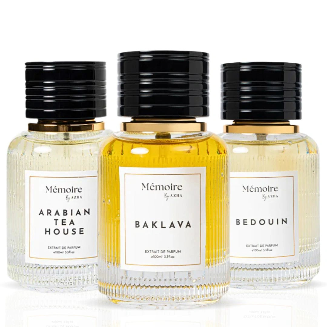 Arabian Tea House, Bedouin & Baklava Extrait de Parfum Sprays 100ml - Memoire Collection by Azha | Warm Opulence Meets Sweet Sophistication (Bundle) - Intense Oud
