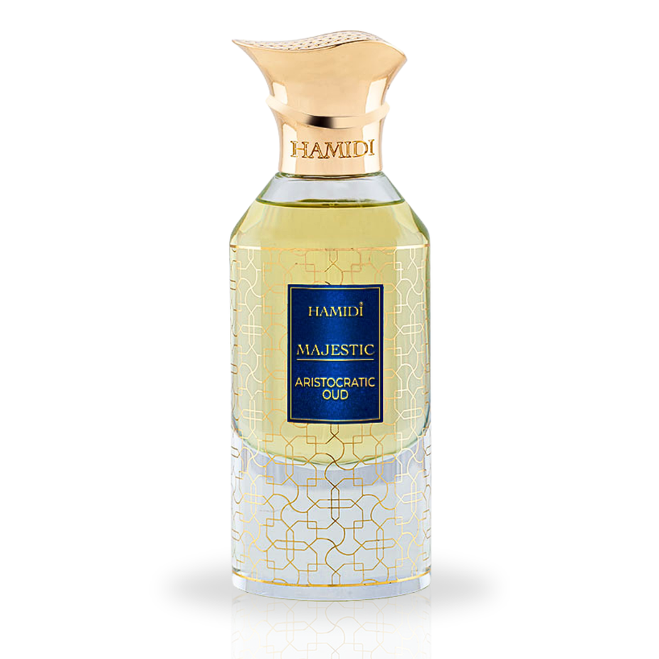 Hamidi Majestic Aristocratic Oud EDP spray bottle, 85ml, with elegant packaging and luxurious fragrance visible.