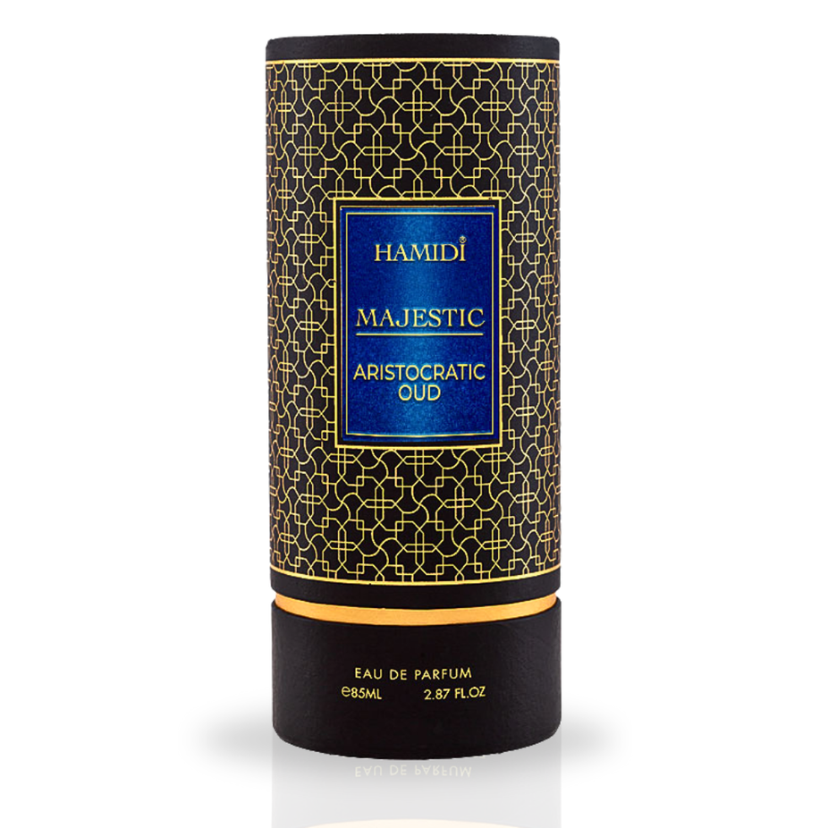 Hamidi Majestic Aristocratic Oud EDP spray bottle with elegant packaging, showcasing a luxurious, long-lasting fragrance