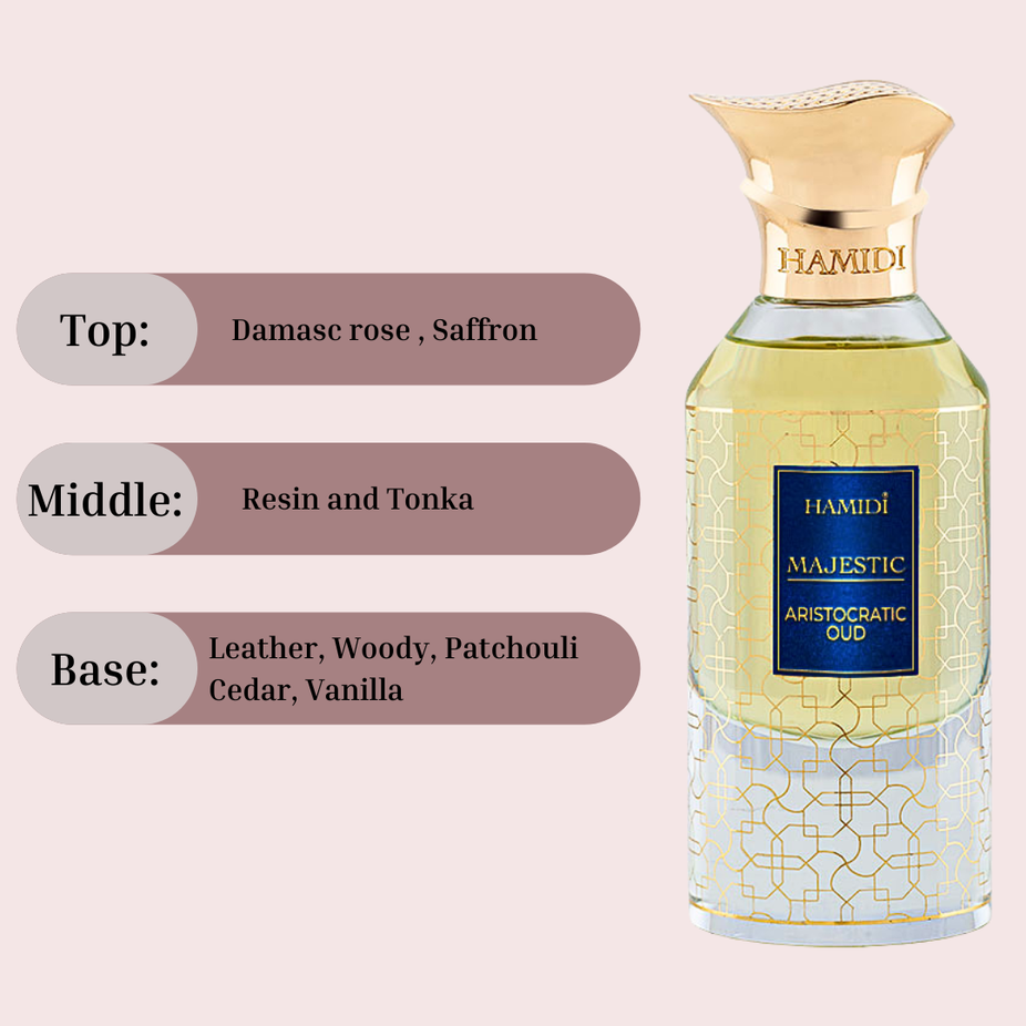 Hamidi Majestic Aristocratic Oud EDP spray bottle with elegant packaging, showcasing the luxurious fragrance and 85ml size.