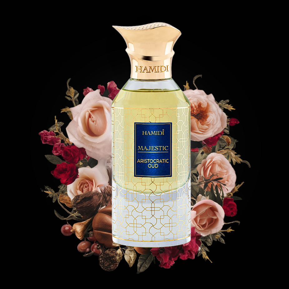Hamidi Majestic Aristocratic Oud EDP spray bottle with elegant packaging, showcasing a luxurious fragrance for men and women.