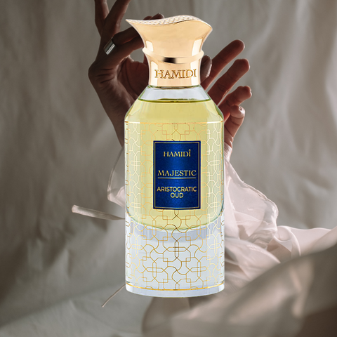 Hamidi Majestic Aristocratic Oud EDP spray 85ml bottle with luxurious, rich fragrance and elegant packaging.