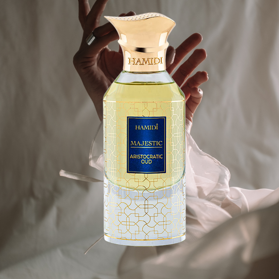 Hamidi Majestic Aristocratic Oud EDP spray bottle, 85ml, featuring a luxurious, long-lasting fragrance with rich, elegant scent details.