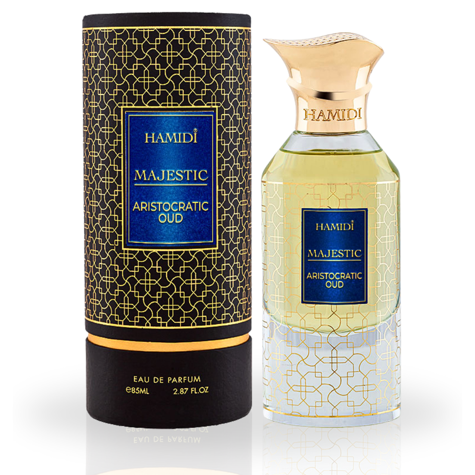 Hamidi Majestic Aristocratic Oud EDP spray bottle, 85ml, showcasing a luxurious, long-lasting fragrance in a sleek perfume container.