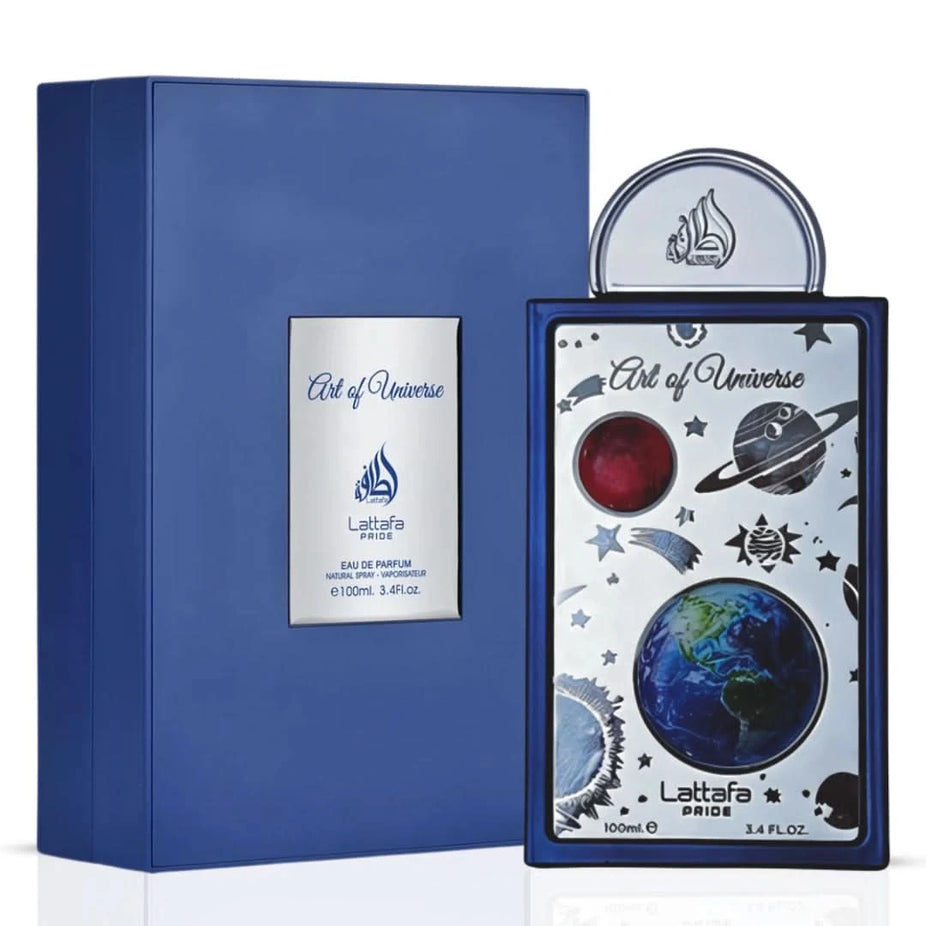 Lattafa Art of Universe Eau de Parfum spray in 100ml bottle, featuring a sleek design and cosmic-inspired label.