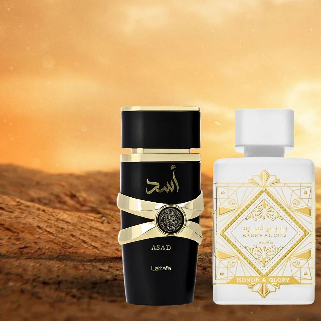 Asad And Bad'ee Al Oud Honor & Glory EDP Sprays 100ML (3.4OZ) By Lattafa | Double The Impact, Twice The Confidence. (DELUXE BUNDLE) - Intense Oud