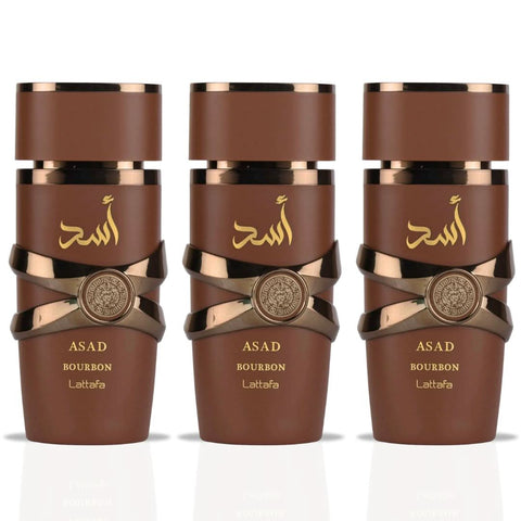 Three bottles of Lattafa Asad Bourbon Eau de Parfum Spray 100ml, featuring sleek packaging and dark-colored perfume bottles.