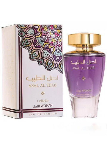 Asal Al Teeb Women EDP by Lattafa, 100ML Eau de Parfum bottle with elegant floral design and gold accents.