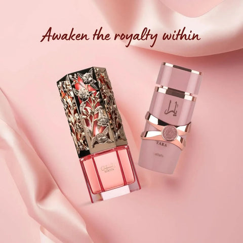 Bundle of Lattafa Raneen Eau de Parfum spray 80ml and Yara Elixir Eau De Parfum 100ml bottles, both with elegant packaging.