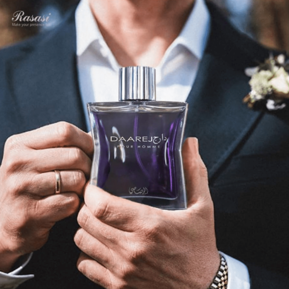 Daarej EDP couple set by Rasasi, featuring 100ml bottles for men and women, displayed together on a surface.