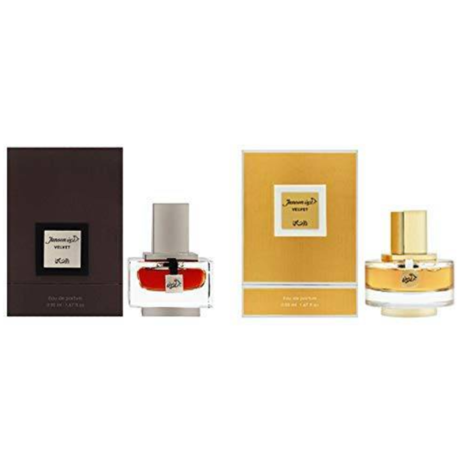 Rasasi Junoon Velvet couple perfume bundle set for women and men, featuring elegant packaging and premium fragrance bottles.