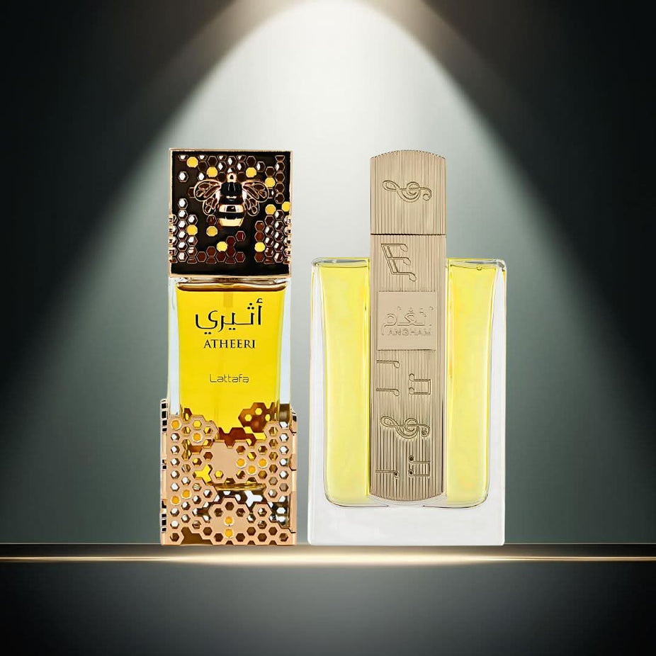 Lattafa Atheeri & Angham Eau de Parfum spray bundle, 100ml each, featuring elegant bottles and floral fragrance designs.