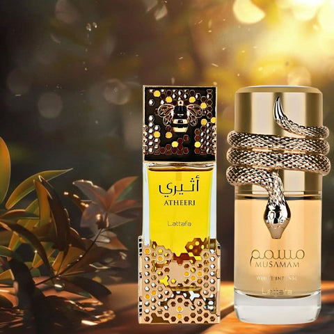 Lattafa Atheeri & Musamam White Intense Eau de Parfum bundle, 100ml spray bottles with sleek white packaging and elegant design.