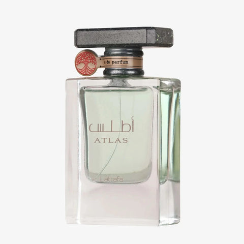Lattafa Atlas Eau De Parfum spray bottle with 55ml capacity, featuring elegant packaging and a velvet pouch.