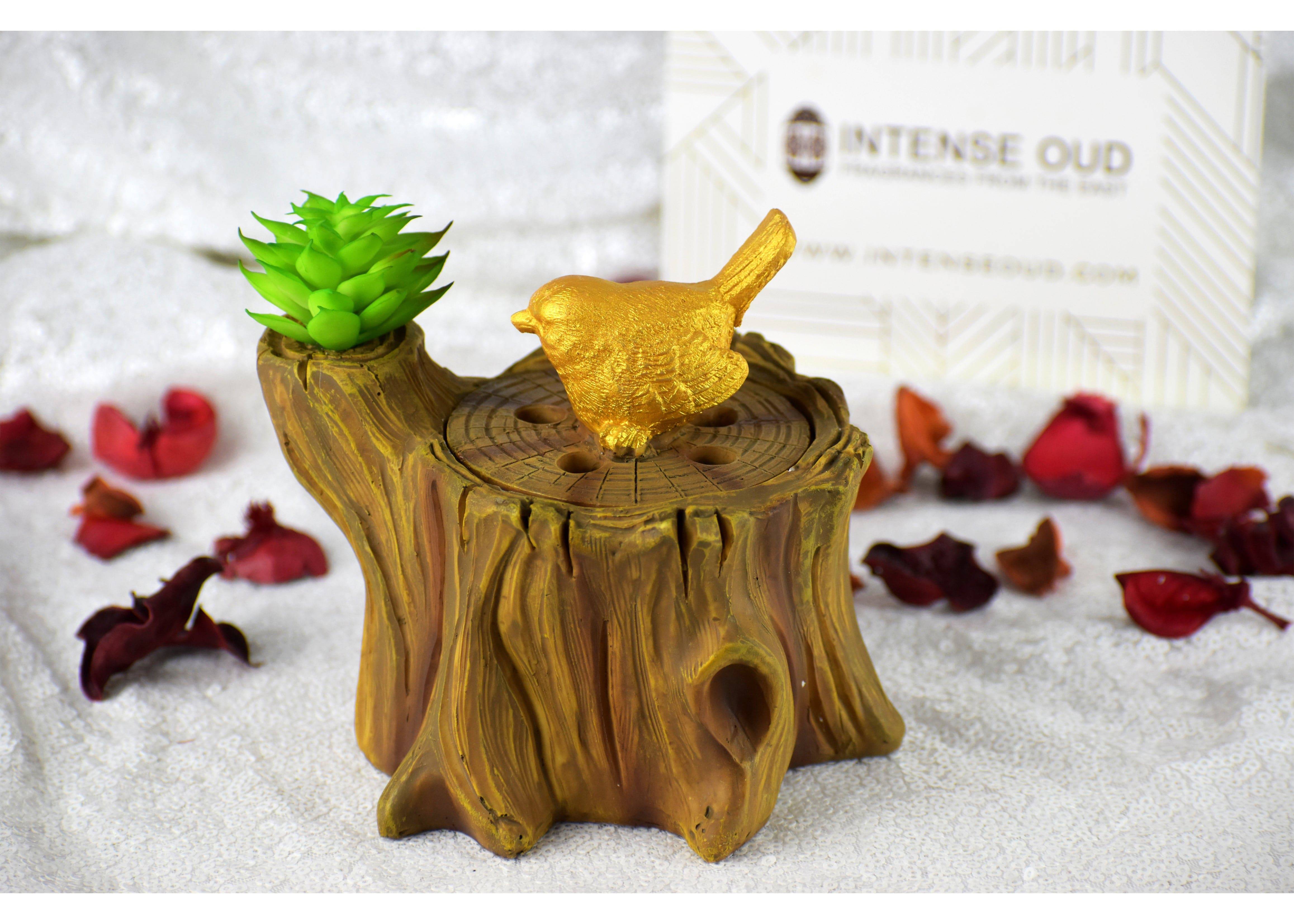 Wooden Tree Bird Incense Bakhoor Burner - 5 in. - Antique Oak - Intense oud