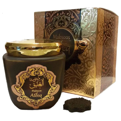 Surrati Bakhoor Mabsoos Al Ateeq 70 GM, traditional fragrant incense in a decorative container, used for home scenting.