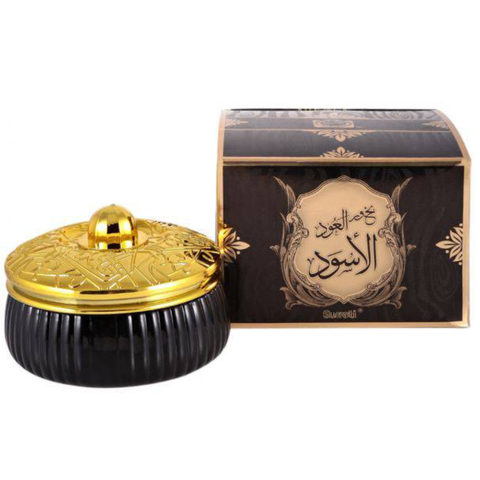 Surrati Bakhoor Oudh Aswad 70 GM jar with dark, aromatic incense pieces for traditional fragrance and home use
