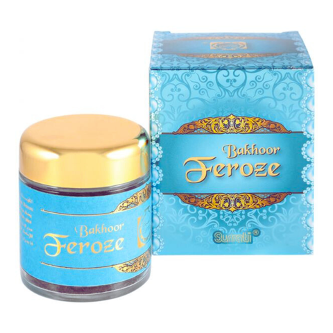 Surrati Bakhoor Feroze 45 GM, fragrant traditional incense in a decorative container, used for home fragrance and rituals