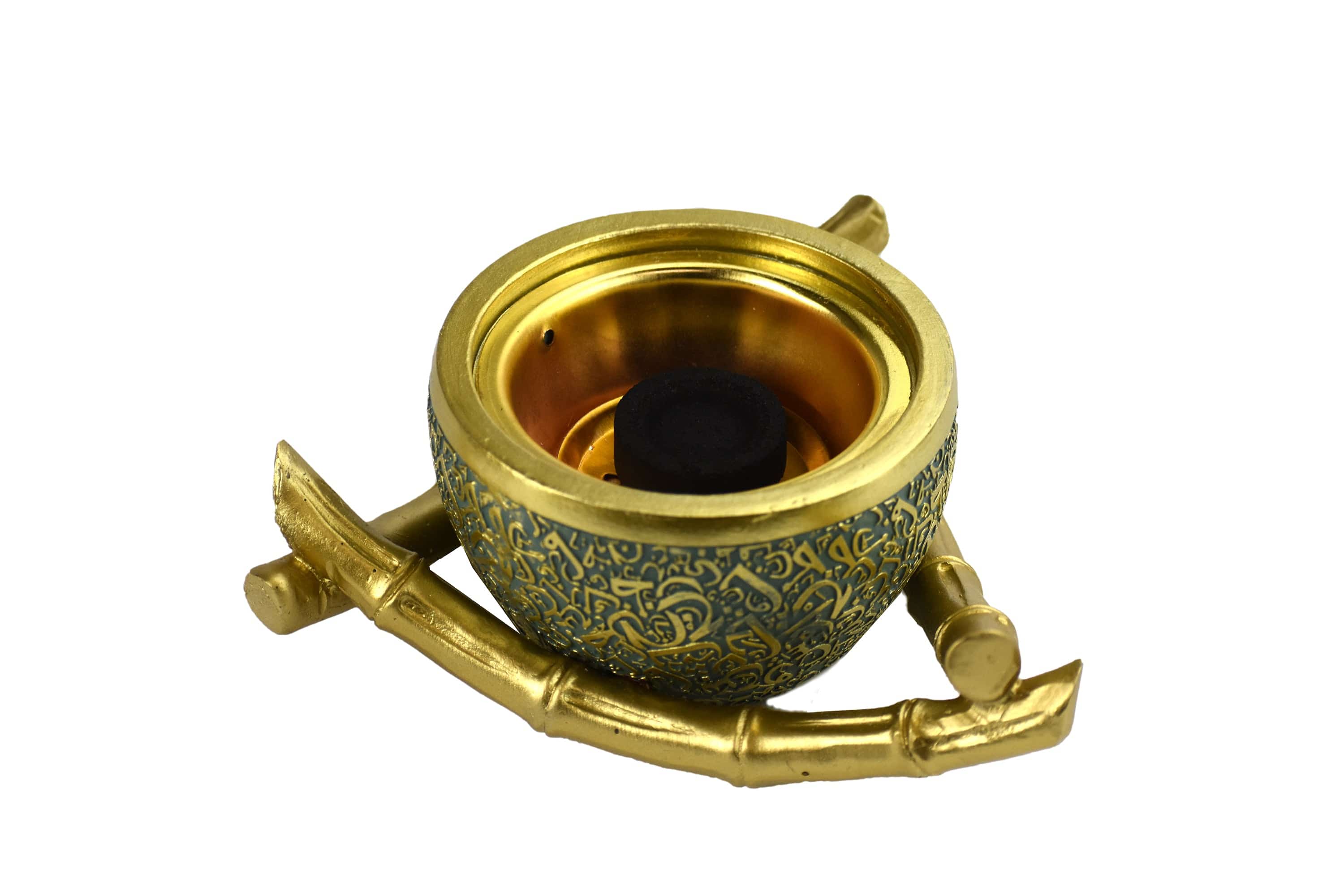 Bamboo Triangle Arabic Script Incense Bakhoor Burner - Teal and Gold - Intense oud