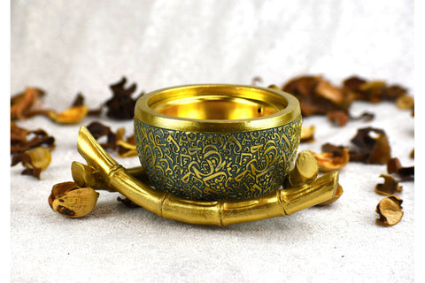 Bamboo Triangle Arabic Script Incense Bakhoor Burner - Teal and Gold - Intense oud