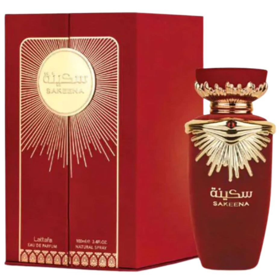 Lattafa Sakeena EDP 100ML Eau De Parfum bottle with elegant design on a neutral background.