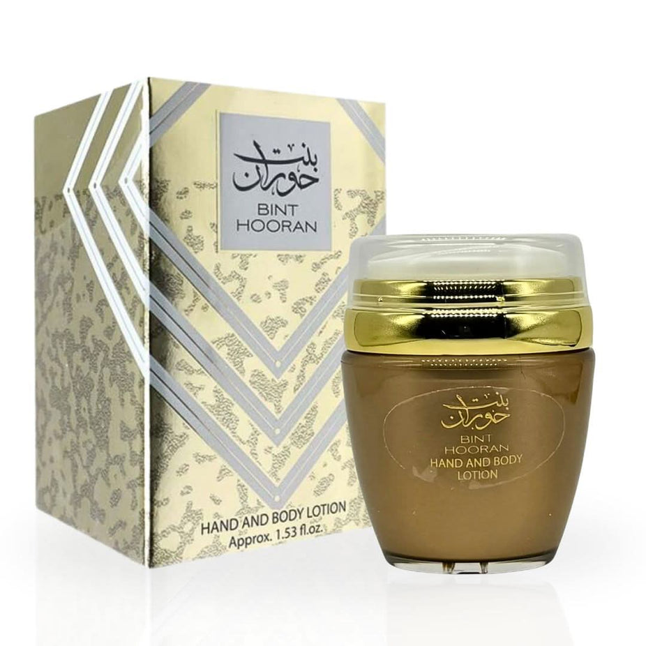 Bint Hooran hand and body lotion by Ard Al Zaafaran in a 45ml bottle, featuring elegant packaging and a smooth lotion texture.
