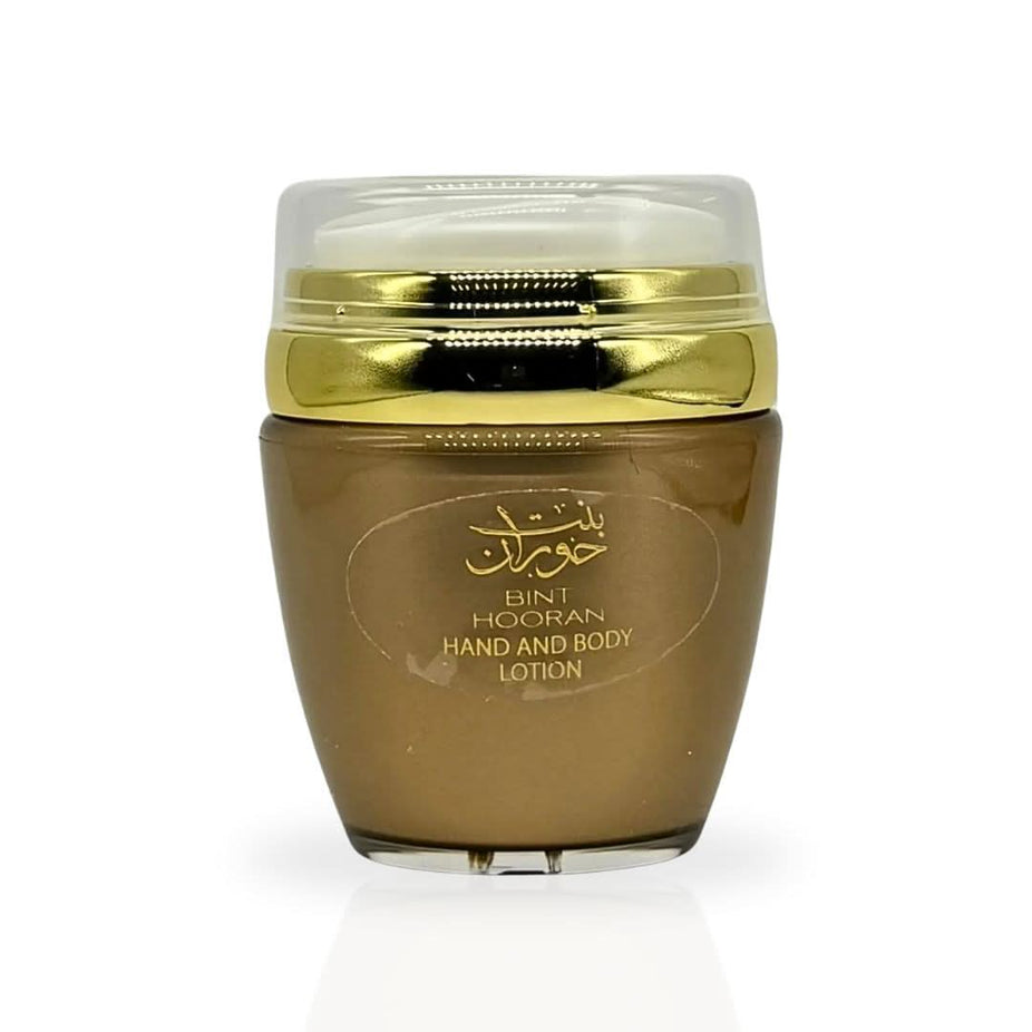 Bint Hooran hand and body lotion by Ard Al Zaafaran in 45ml bottle, featuring a sleek design and luxurious lotion inside