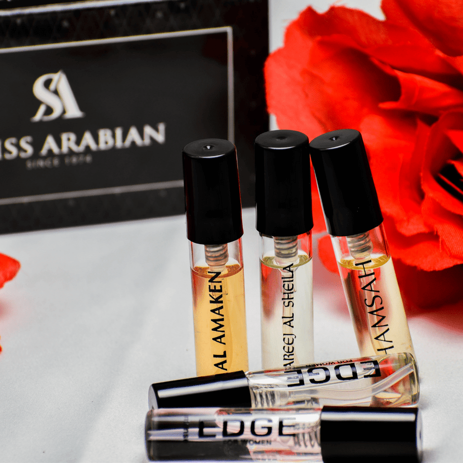 Set of five Swiss Arabian perfume samples including Edge Women, Edge Intense Women, Hamsah, Areej Al Sheila, and Al Amaken.