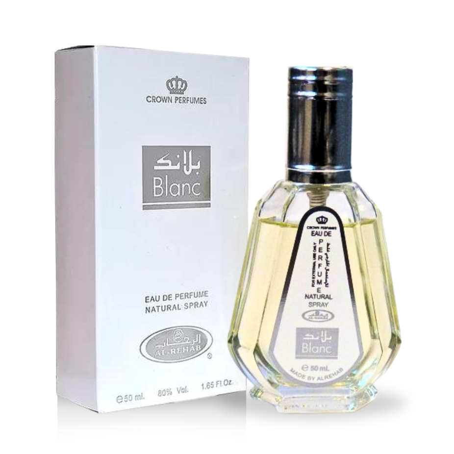 Al Rehab Blanc EDP Eau De Parfum 50ML bottle with sleek white packaging and elegant design.