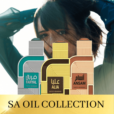 Swiss Arabian 3-piece women’s concentrated perfume oil set featuring Ansam, Alia, and Faryal in small bottles.