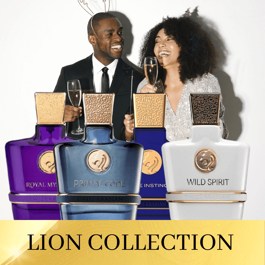 Swiss Arabian Lion 4PC EDP bundle including Wild Spirit, Royal Mystery, and Pure Instinct Eau De Parfum for unisex use.