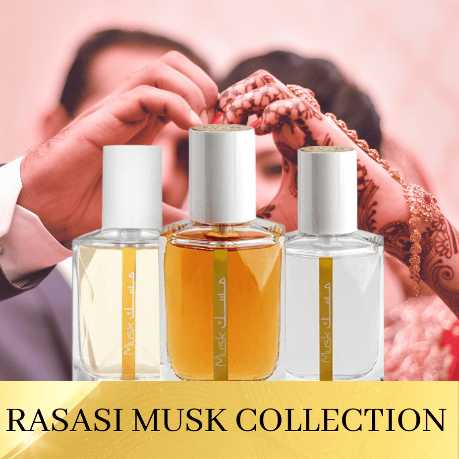 Rasasi 3-piece EDP unisex fragrance bundle featuring Musk Hareer, Sharqi, and Naqaya in 1.7oz bottles.