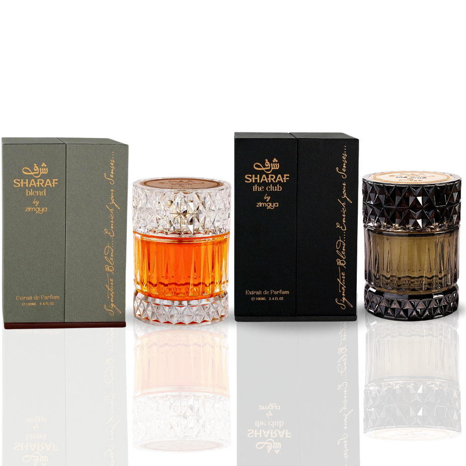 Zimaya Sharaf Blend & The Club EDP perfume spray bundle, 100ml, featuring luxurious, long-lasting signature fragrance for men and women.