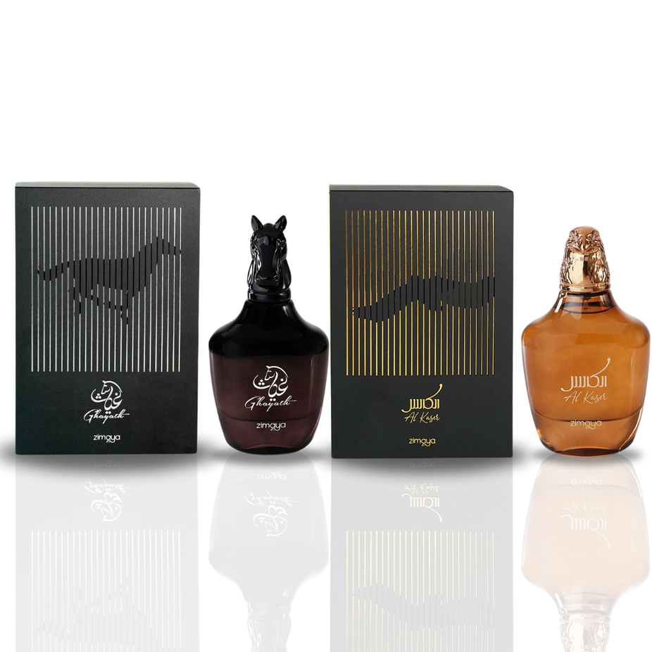Zimaya Ghayath & AL Kaser EDP spray 100ML bundle showing two elegant perfume bottles for men and women.