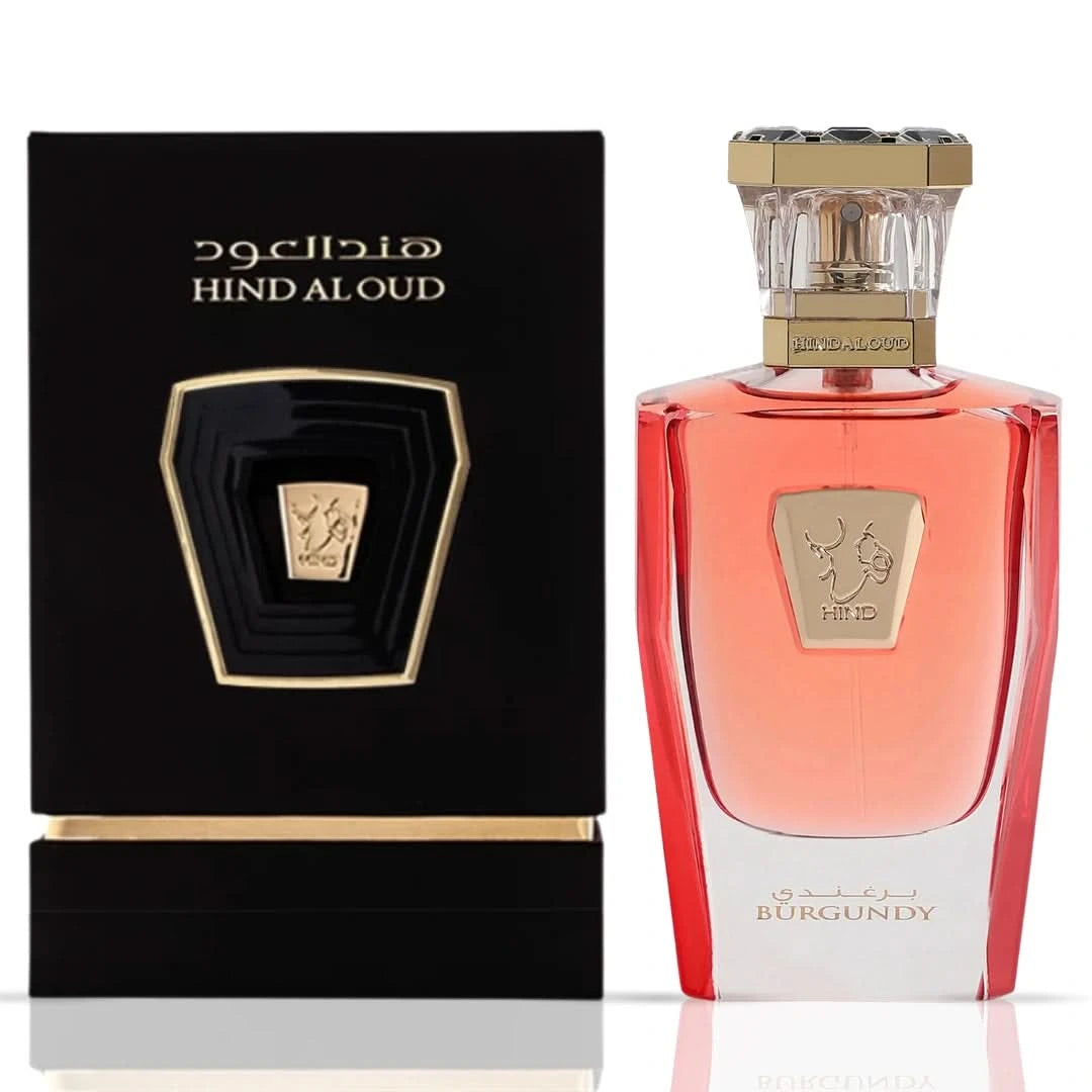 Burgundy Eau de Parfum spray by Hind Al Oud, 50ml bottle with rich burgundy-colored packaging.