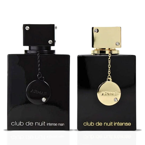 Armaf Club De Nuit Intense men EDT and women EDP spray bundle, 105ml each, featuring sleek bottles and elegant packaging.