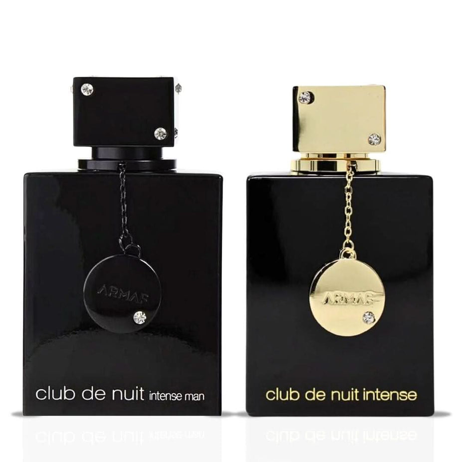 Armaf Club De Nuit Intense men EDT and women EDP spray bundle, 105ml each, featuring sleek bottles and elegant packaging.