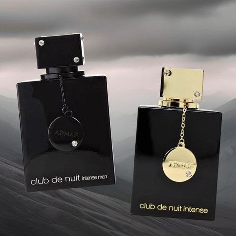 Armaf Club De Nuit Intense men EDT and women EDP spray bundle, 105ml each, featuring sleek bottles and elegant packaging.