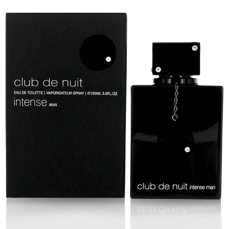Armaf Club De Nuit Intense for Men Eau de Toilette spray 105ml bottle showing the sleek black packaging and branding.