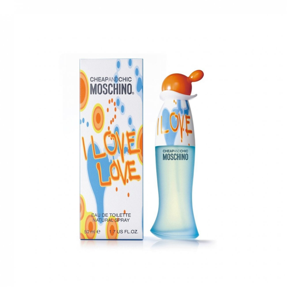 Moschino Cheap & Chic I Love Love Eau De Toilette 100ml bottle, stylish packaging, and fragrance details.