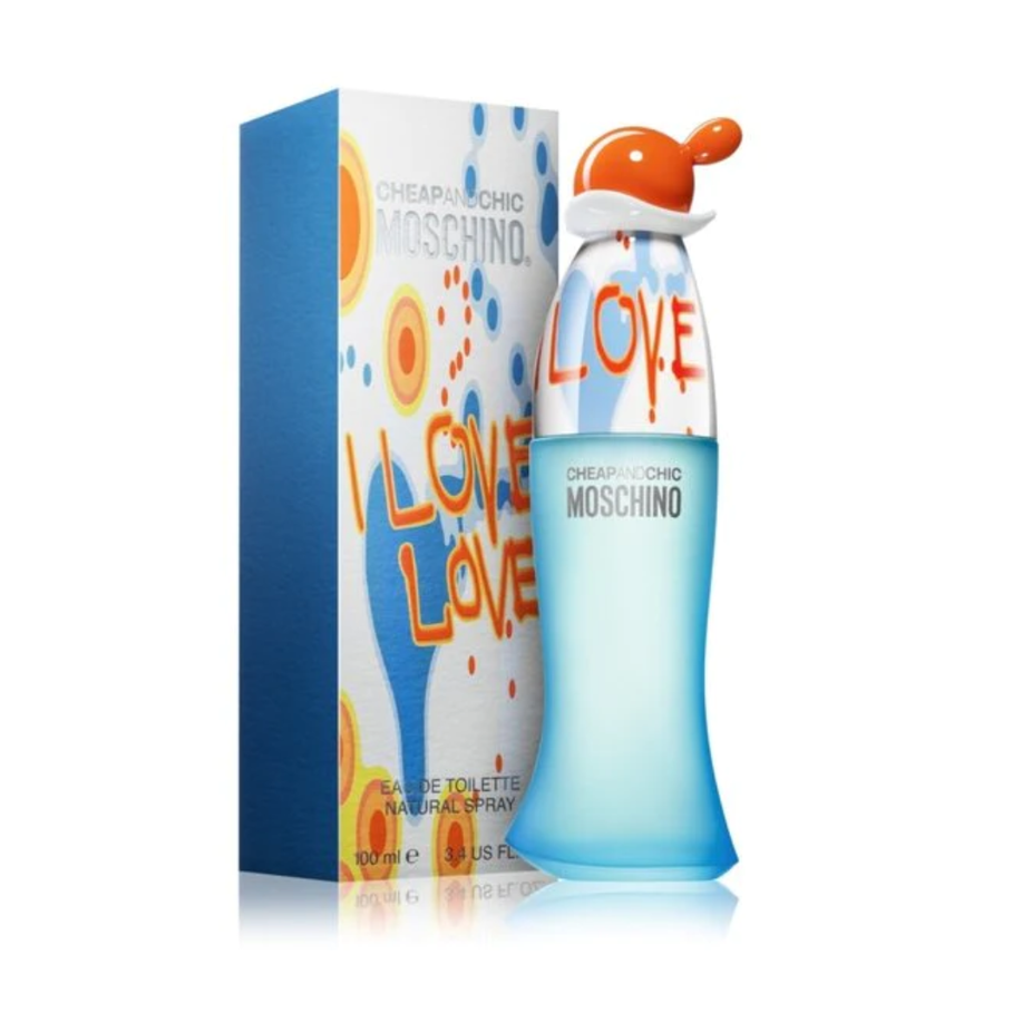 Moschino Cheap & Chic I Love Love Eau De Toilette 100ml bottle with pink and white packaging, floral design on the box