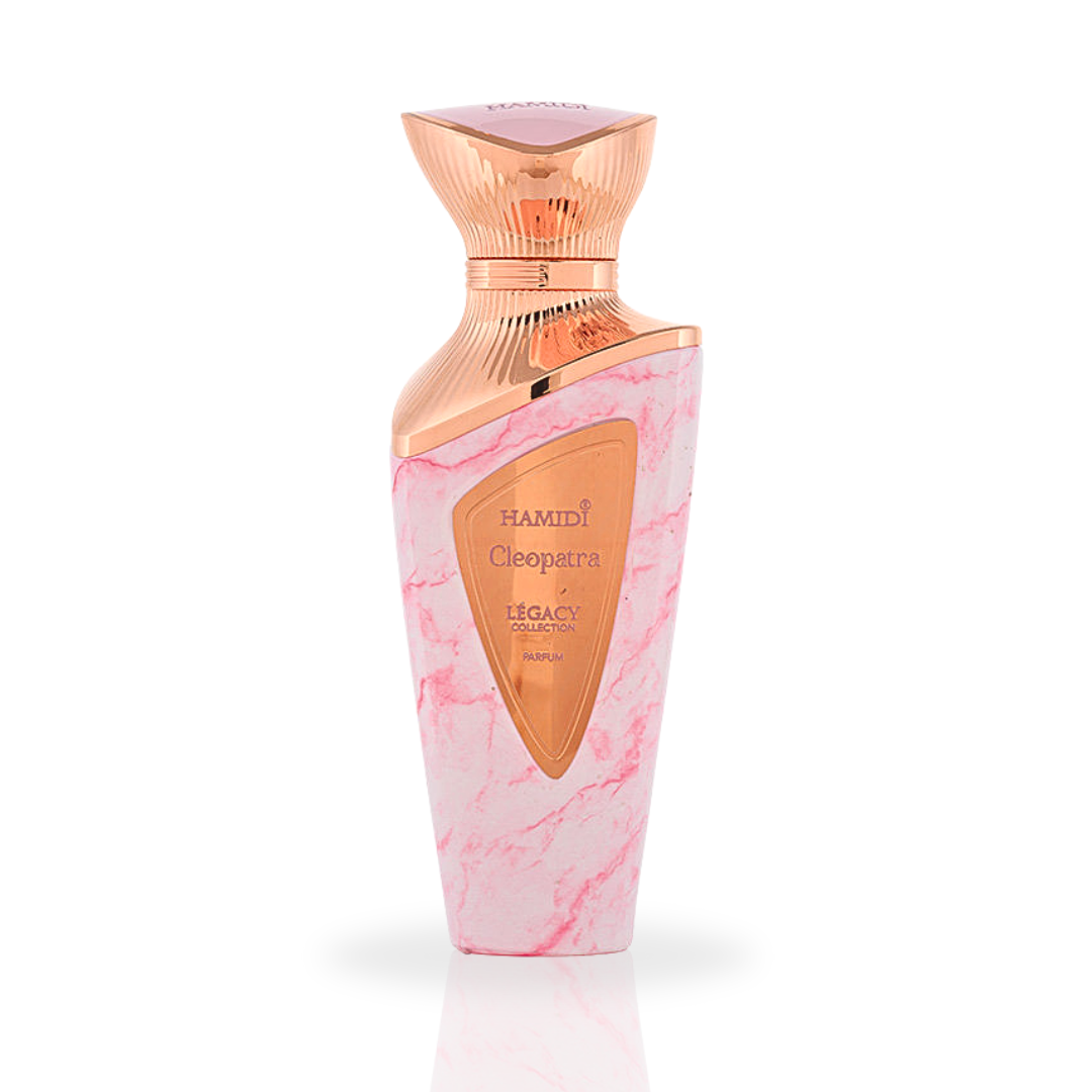Legacy Cleopatra Eau de Parfum spray by Hamidi in velvet pouch, featuring elegant 100ml bottle and luxurious packaging.