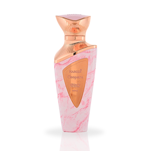 Legacy Cleopatra Eau de Parfum spray by Hamidi in velvet pouch, featuring elegant 100ml bottle and luxurious packaging.