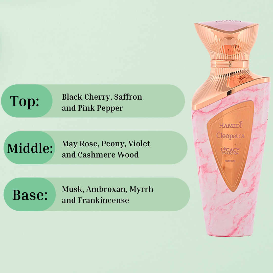 Hamidi Legacy Cleopatra Eau de Parfum spray in a velvet pouch, 100ml bottle with elegant design and branding visible.