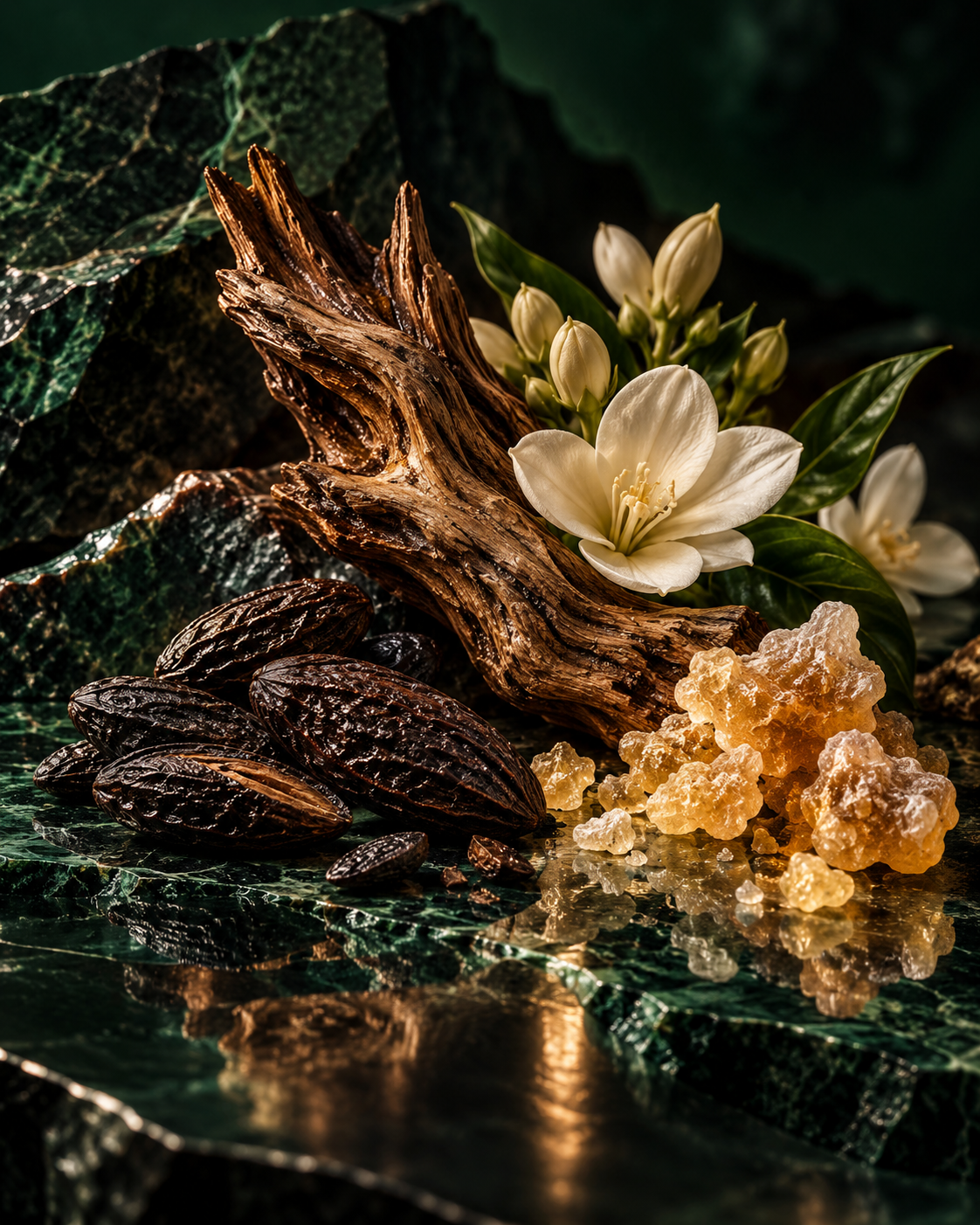 Driftwood, tonka beans, frankincense and white flower